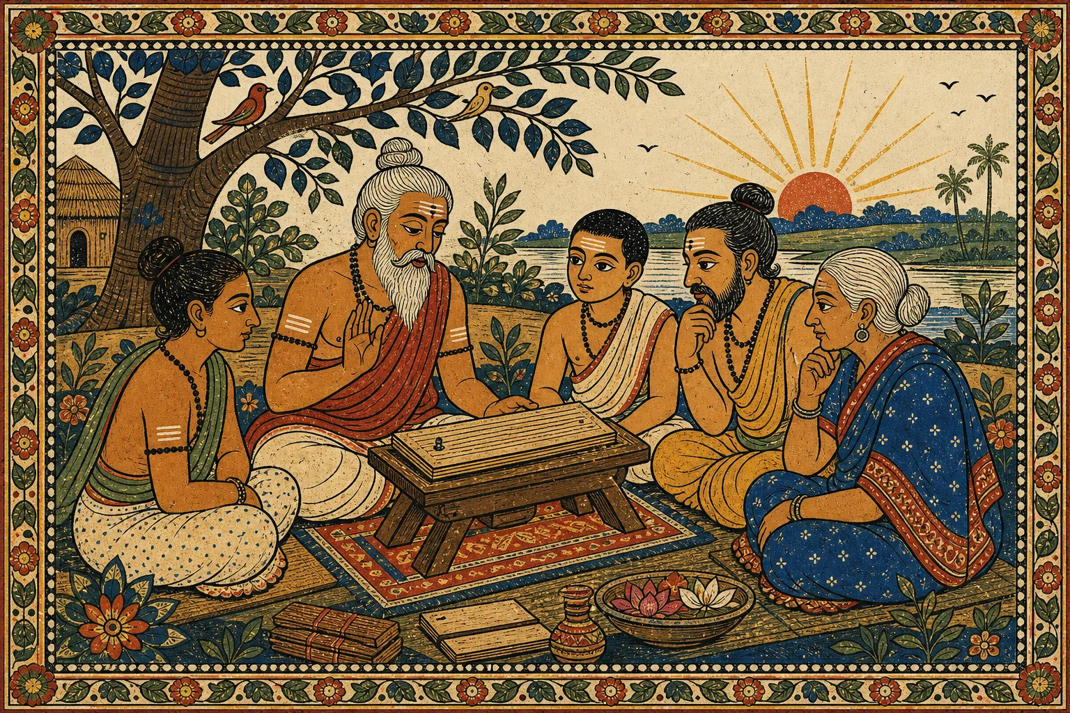An editorial illustration of a multigenerational study circle following a palm-leaf manuscript during recitation.