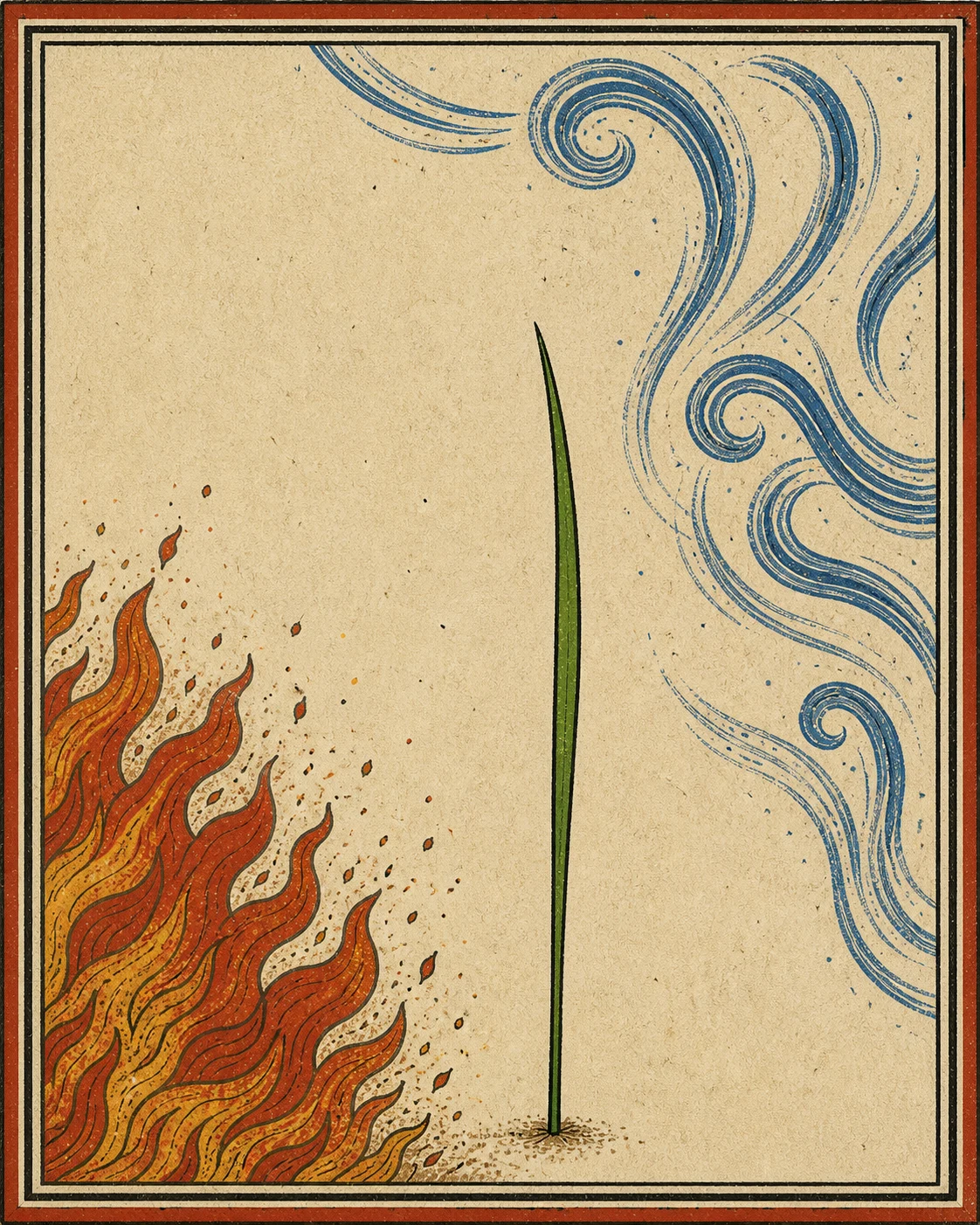 A single blade of grass standing unmoved between fire and wind.