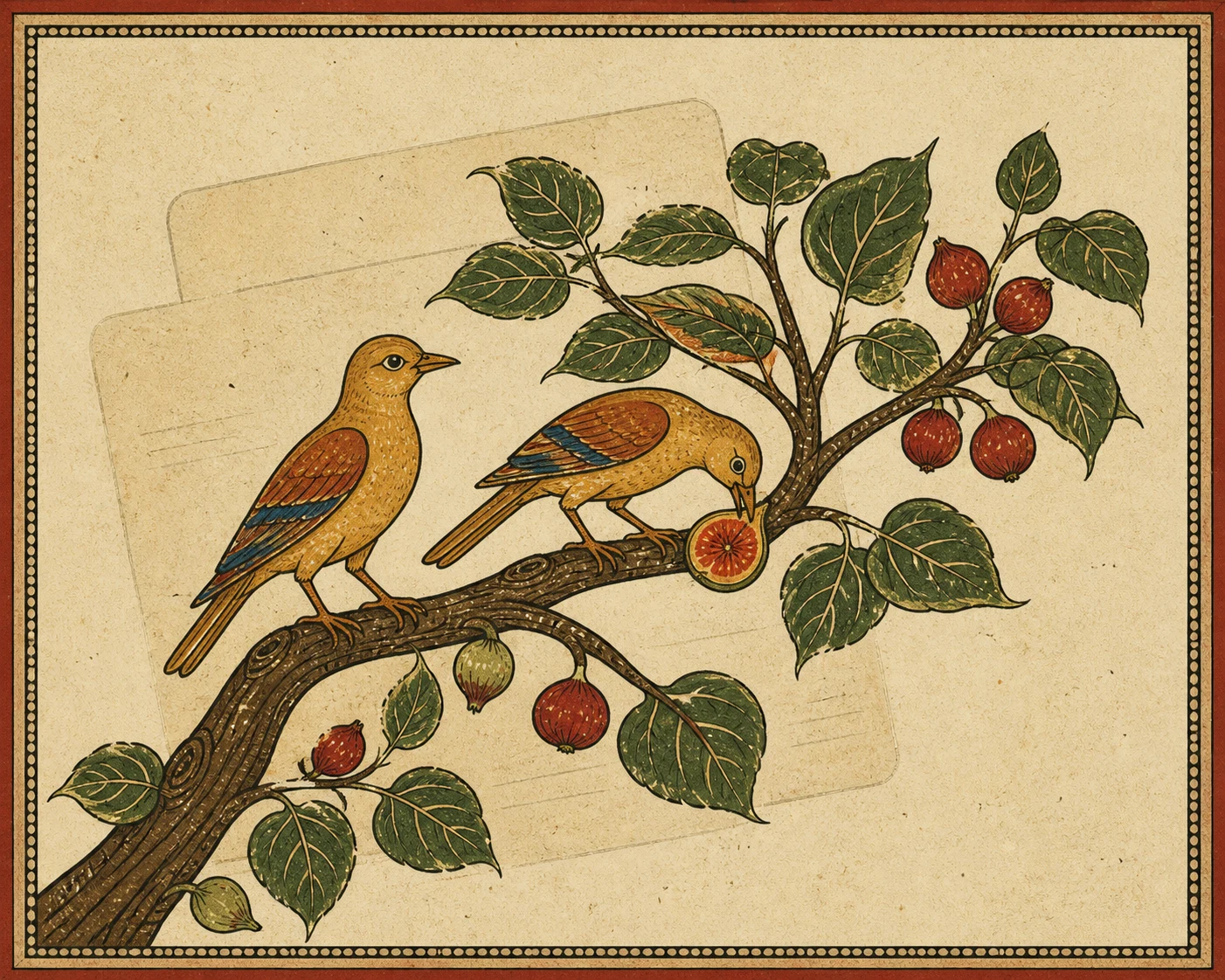 Two birds on the same fig branch: one eating, one watching, with folios faintly behind them.